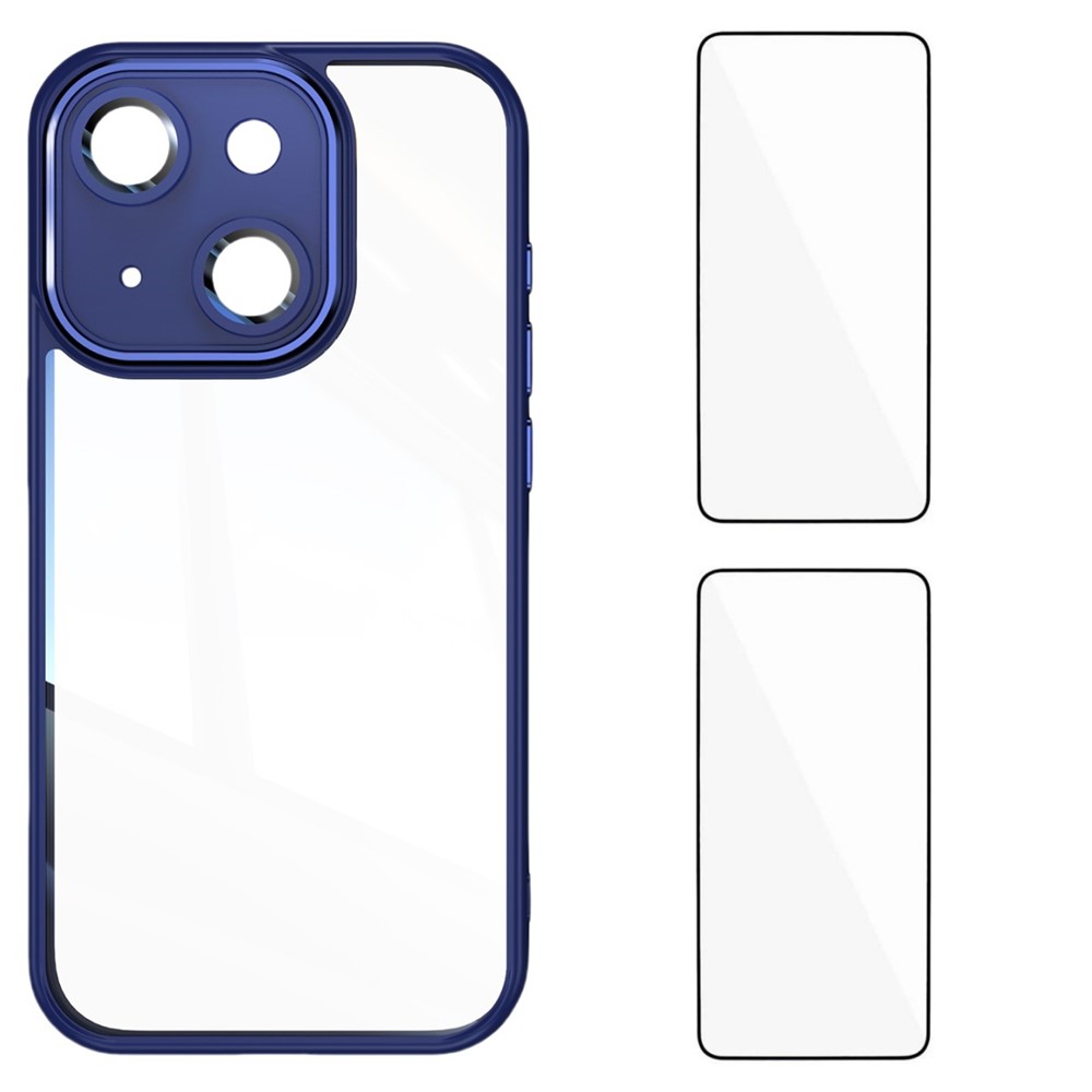 For iPhone 15 TPU Case WANLONFENG Drop-proof Clear Phone Cover with 2Pcs Tempered Glass Film - Blue