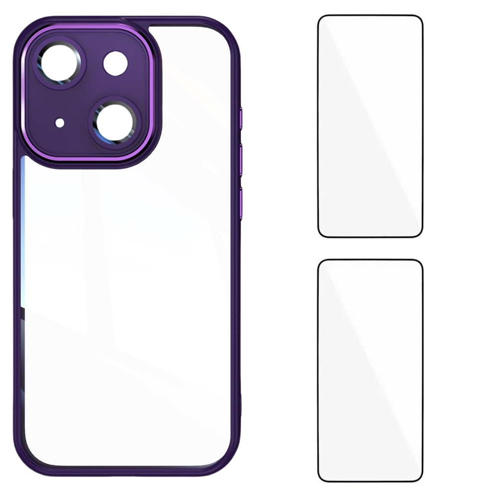 For iPhone 15 TPU Case WANLONFENG Drop-proof Clear Phone Cover with 2Pcs Tempered Glass Film - Dark Purple