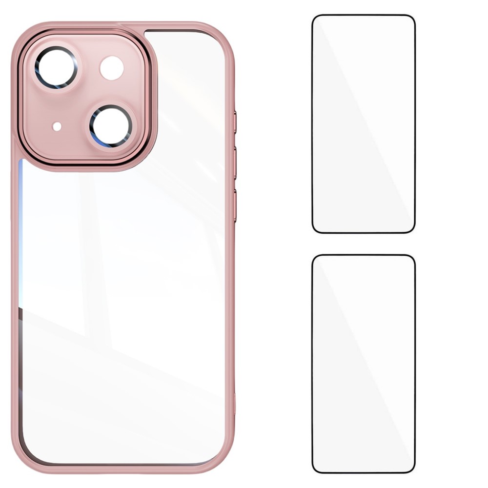 For iPhone 13 6.1 inch TPU Case WANLONFENG Drop-proof Clear Phone Cover with 2Pcs Tempered Glass Film - Pink