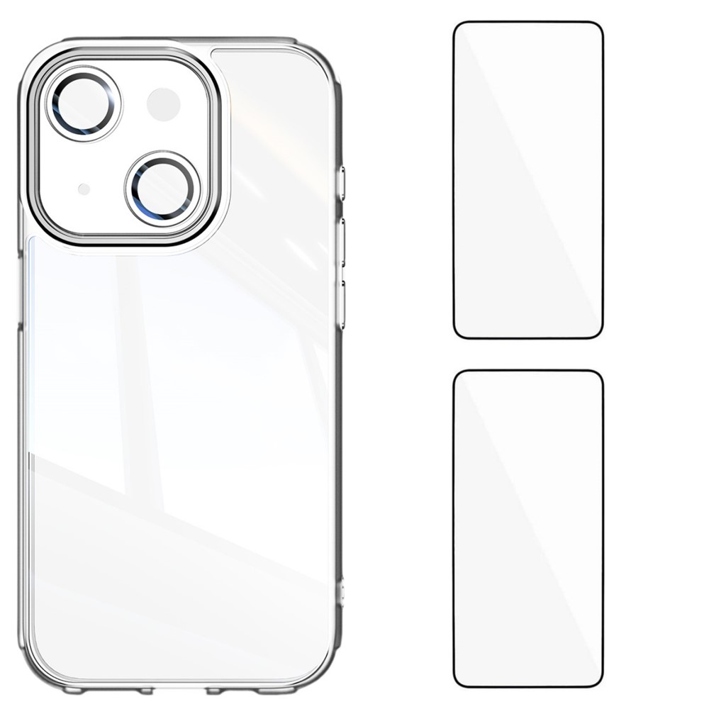 For iPhone 13 6.1 inch TPU Case WANLONFENG Drop-proof Clear Phone Cover with 2Pcs Tempered Glass Film - Transparent