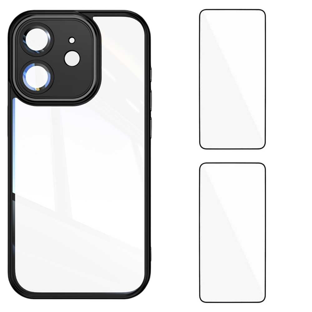 For iPhone 12 6.1 inch TPU Case WANLONFENG Drop-proof Clear Phone Cover with 2Pcs Tempered Glass Film - Black