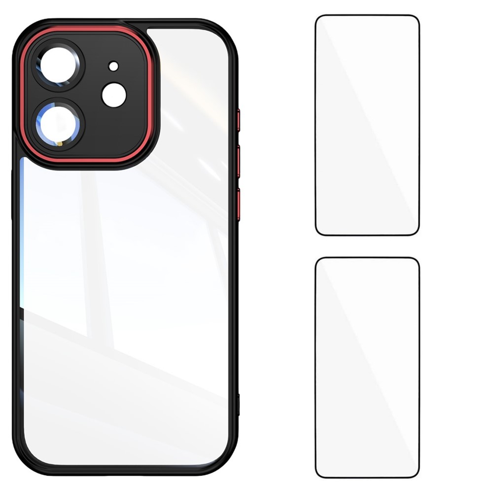 For iPhone 12 6.1 inch TPU Case WANLONFENG Drop-proof Clear Phone Cover with 2Pcs Tempered Glass Film - Black Red