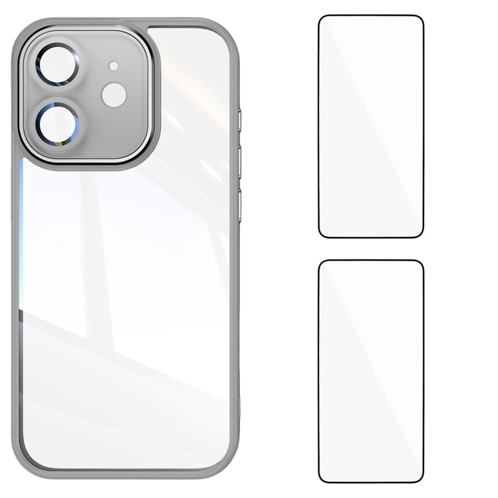 For iPhone 12 6.1 inch TPU Case WANLONFENG Drop-proof Clear Phone Cover with 2Pcs Tempered Glass Film - Grey