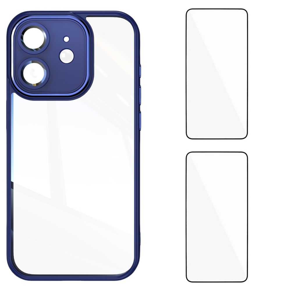 For iPhone 12 6.1 inch TPU Case WANLONFENG Drop-proof Clear Phone Cover with 2Pcs Tempered Glass Film - Blue