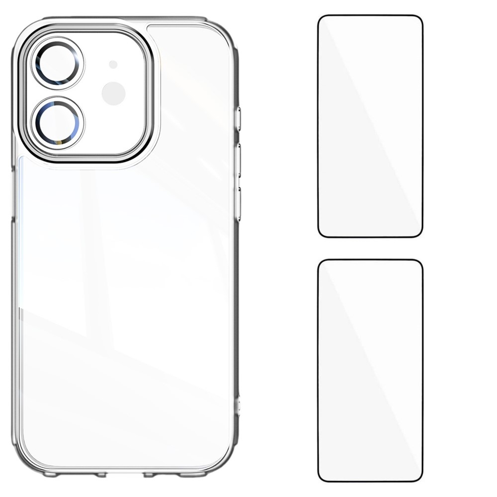 For iPhone 12 6.1 inch TPU Case WANLONFENG Drop-proof Clear Phone Cover with 2Pcs Tempered Glass Film - Transparent