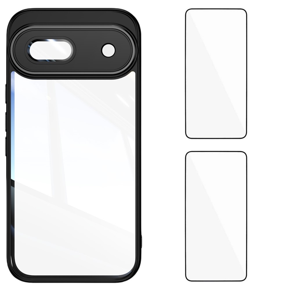 For Google Pixel 8a TPU Case WANLONFENG Drop-proof Clear Phone Cover with 2Pcs Tempered Glass Film - Black