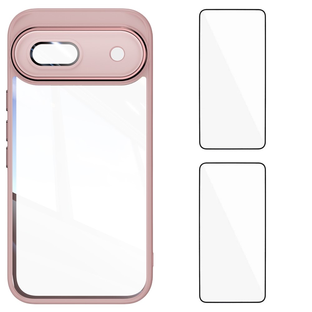 For Google Pixel 8a TPU Case WANLONFENG Drop-proof Clear Phone Cover with 2Pcs Tempered Glass Film - Pink