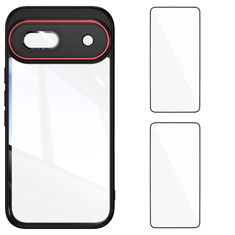 For Google Pixel 8a TPU Case WANLONFENG Drop-proof Clear Phone Cover with 2Pcs Tempered Glass Film - Black Red