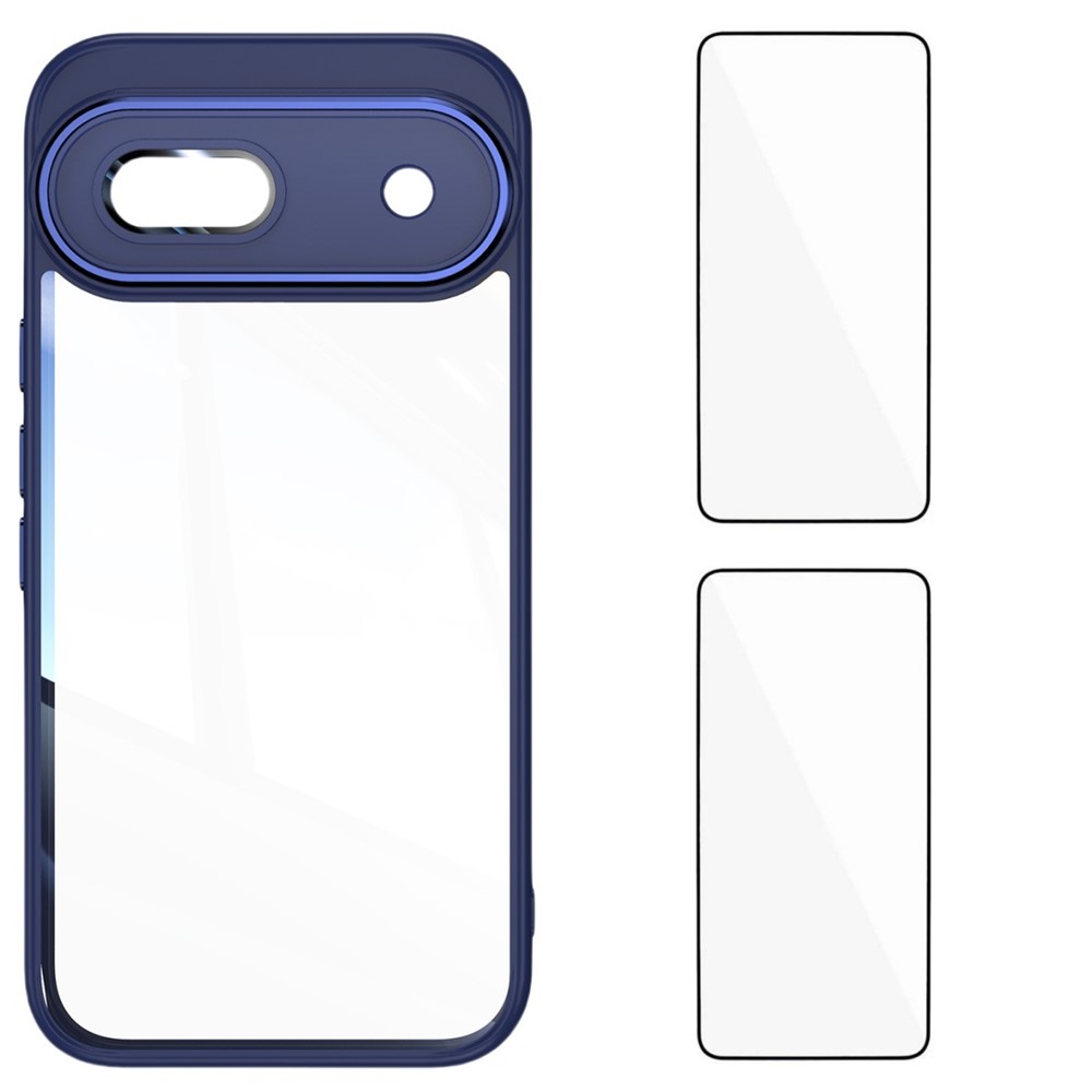 For Google Pixel 8a TPU Case WANLONFENG Drop-proof Clear Phone Cover with 2Pcs Tempered Glass Film - Blue