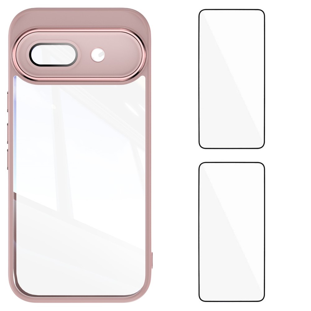 For Google Pixel 9a TPU Case WANLONFENG Drop-proof Clear Phone Cover with 2Pcs Tempered Glass Film - Pink
