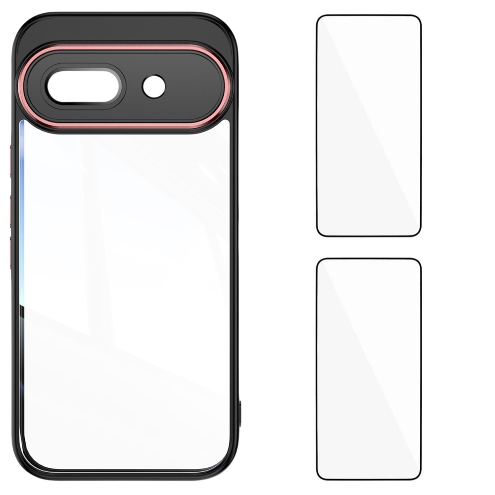 For Google Pixel 9a TPU Case WANLONFENG Drop-proof Clear Phone Cover with 2Pcs Tempered Glass Film - Black Red