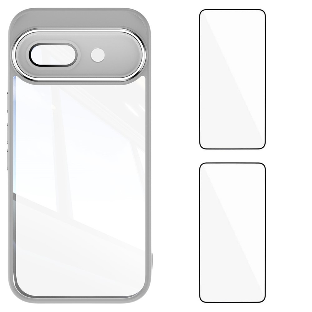 For Google Pixel 9a TPU Case WANLONFENG Drop-proof Clear Phone Cover with 2Pcs Tempered Glass Film - Grey