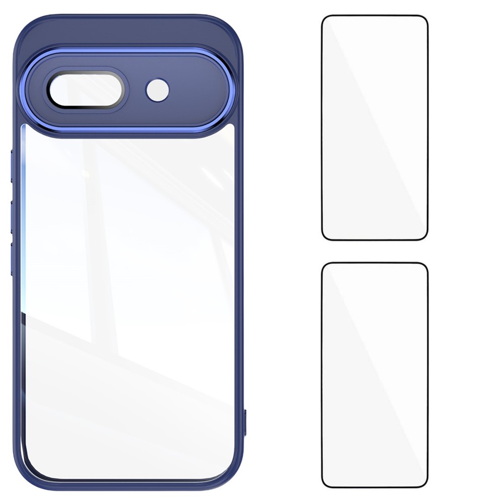 For Google Pixel 9a TPU Case WANLONFENG Drop-proof Clear Phone Cover with 2Pcs Tempered Glass Film - Blue