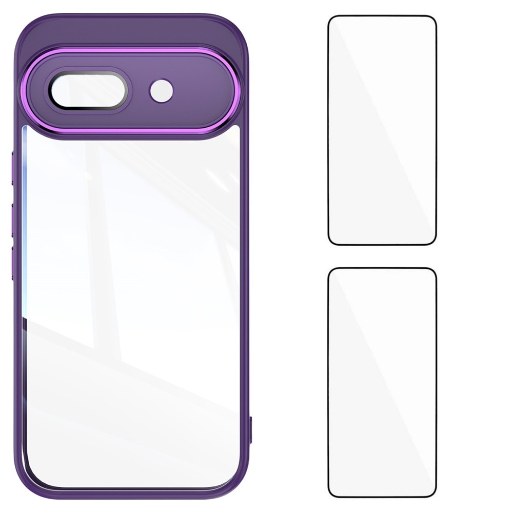 For Google Pixel 9a TPU Case WANLONFENG Drop-proof Clear Phone Cover with 2Pcs Tempered Glass Film - Dark Purple