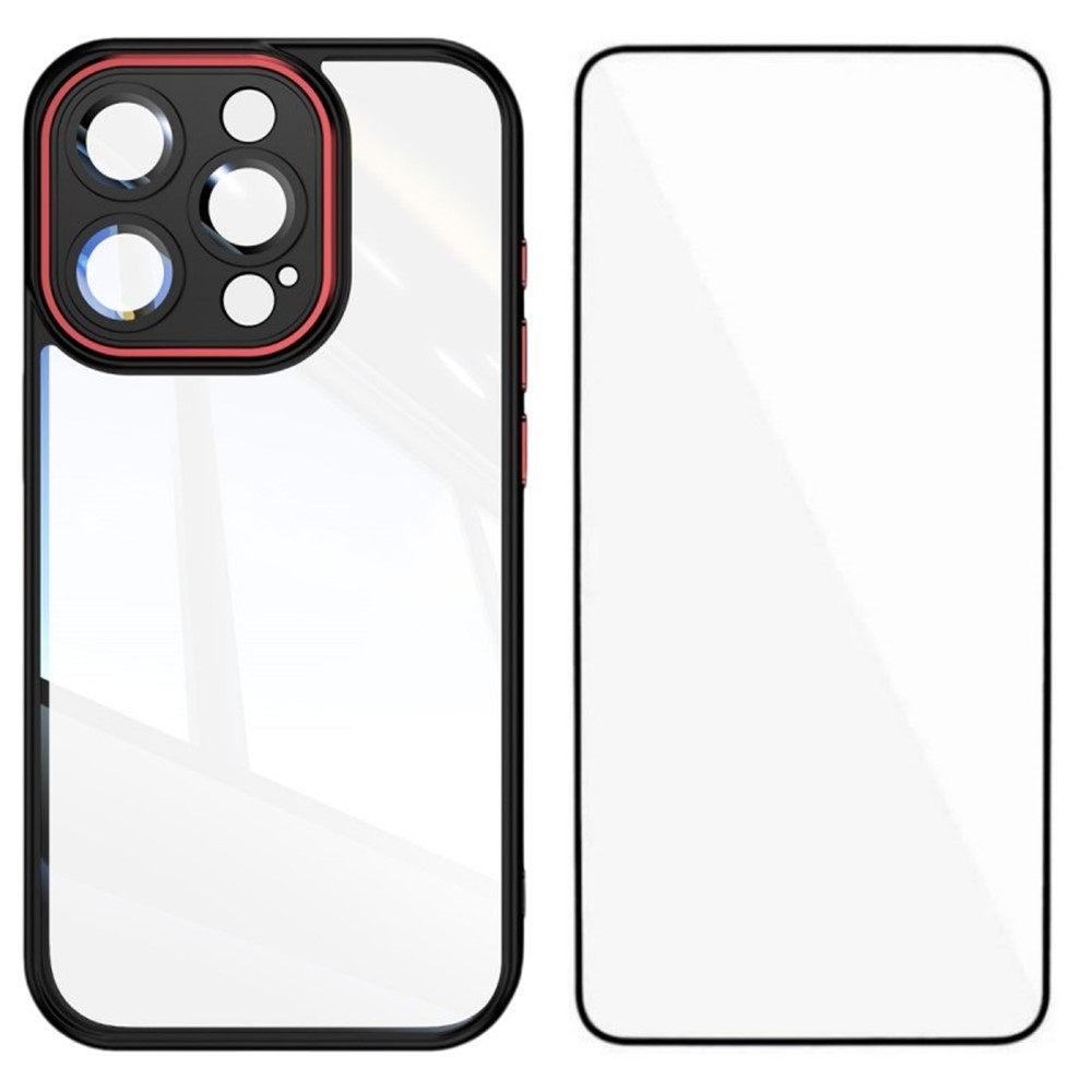 For iPhone 15 Pro Max TPU Case WANLONFENG Shockproof Clear Phone Cover with Tempered Glass Film - Black Red