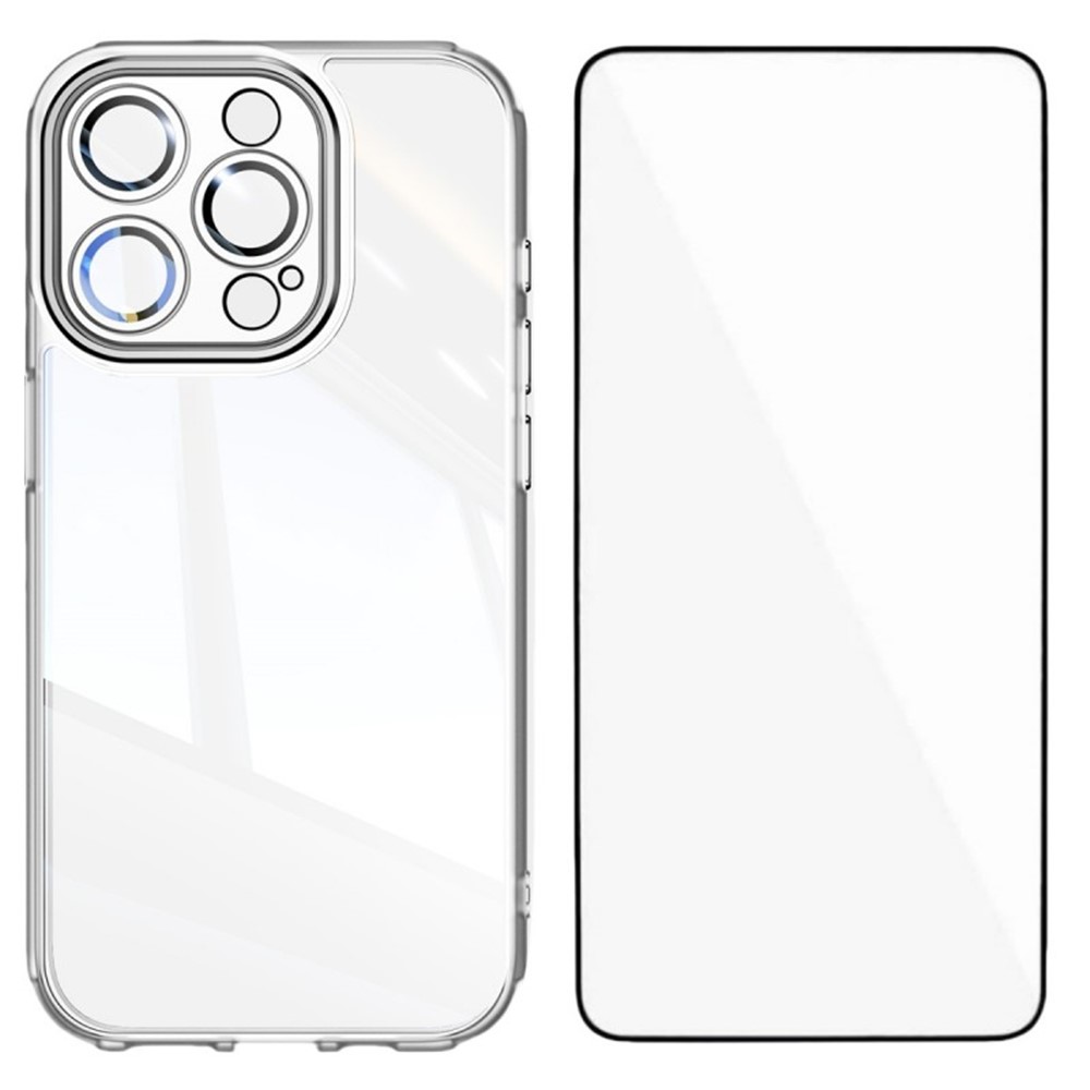 For iPhone 14 Pro Max TPU Case WANLONFENG Shockproof Clear Phone Cover with Tempered Glass Film - Transparent