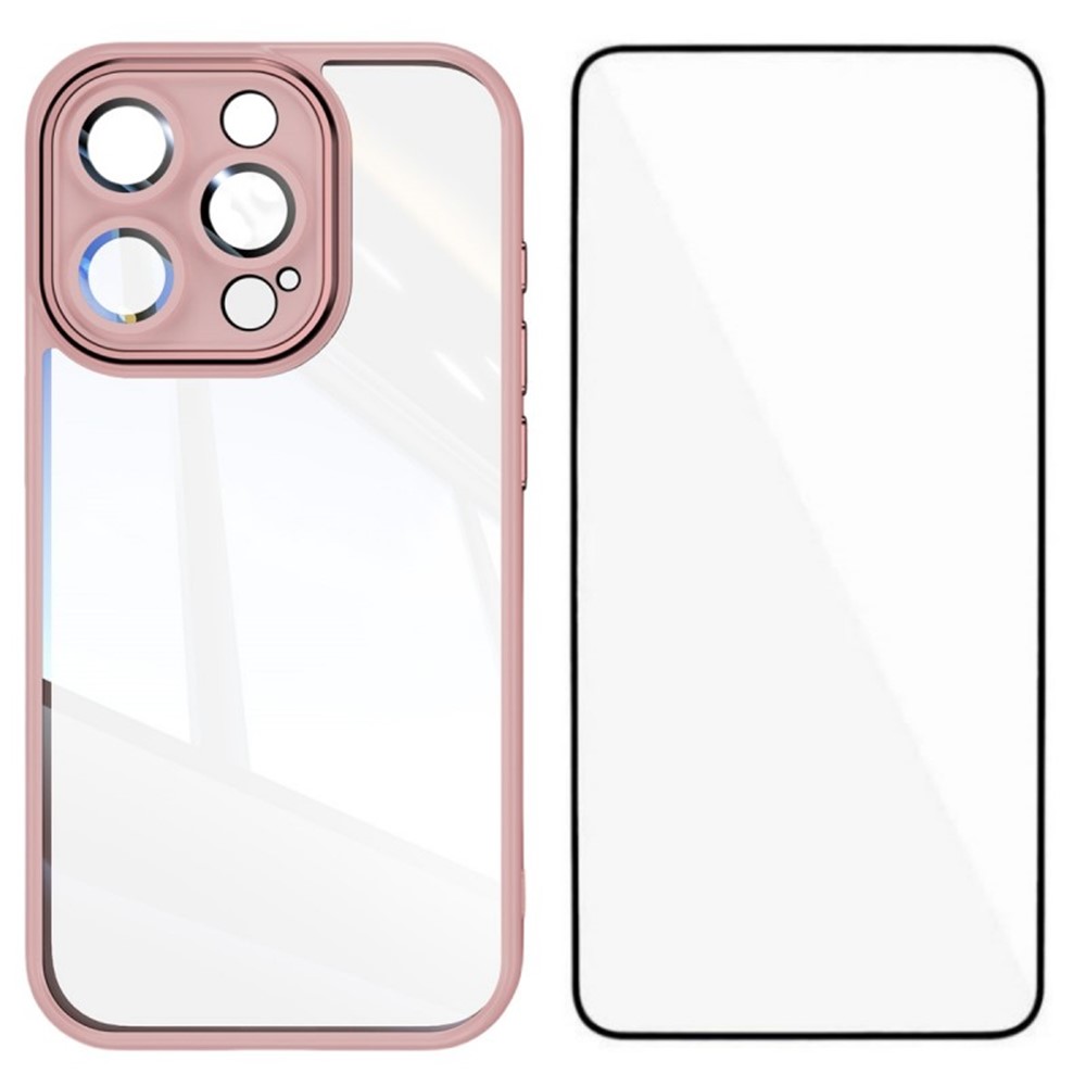 For iPhone 13 Pro Max 6.7 inch TPU Case WANLONFENG Shockproof Clear Phone Cover with Tempered Glass Film - Pink