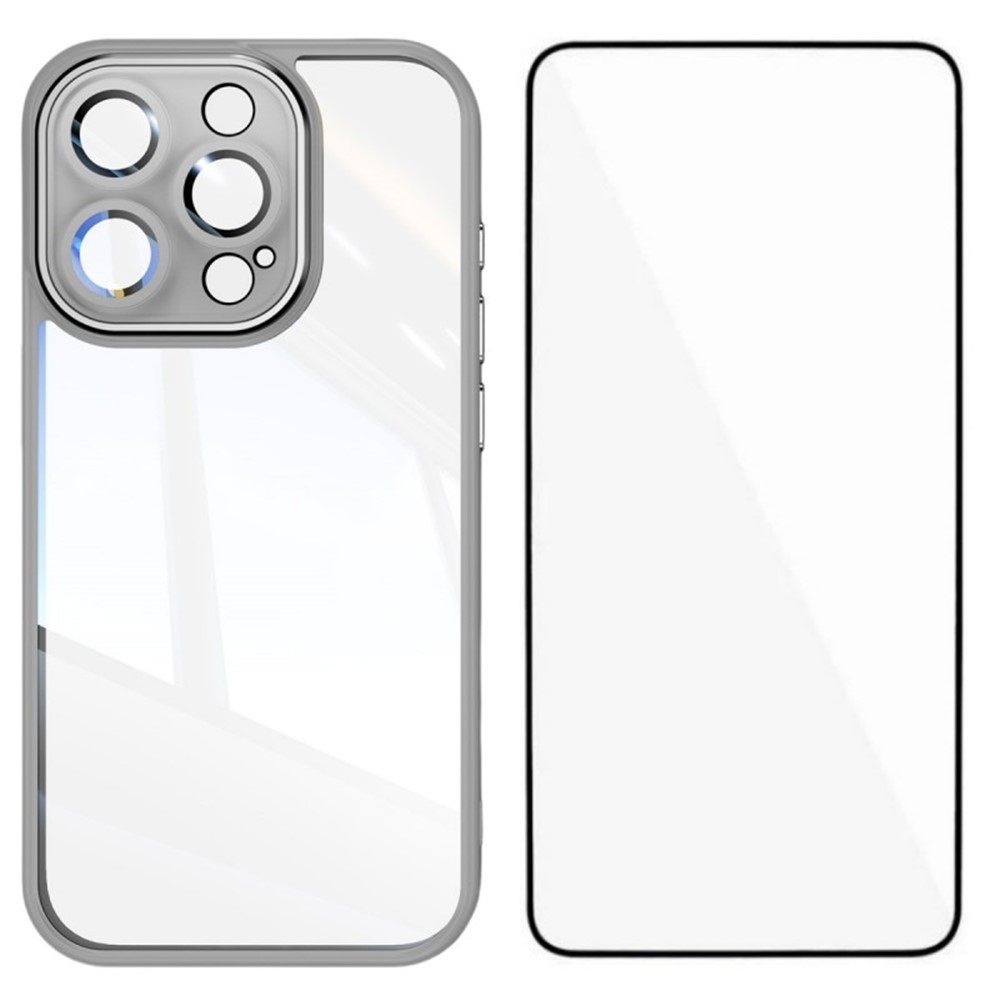 For iPhone 12 Pro Max 6.7 inch TPU Case WANLONFENG Shockproof Clear Phone Cover with Tempered Glass Film - Grey