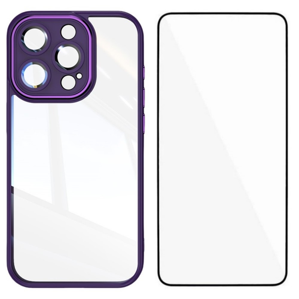 For iPhone 12 Pro Max 6.7 inch TPU Case WANLONFENG Shockproof Clear Phone Cover with Tempered Glass Film - Dark Purple