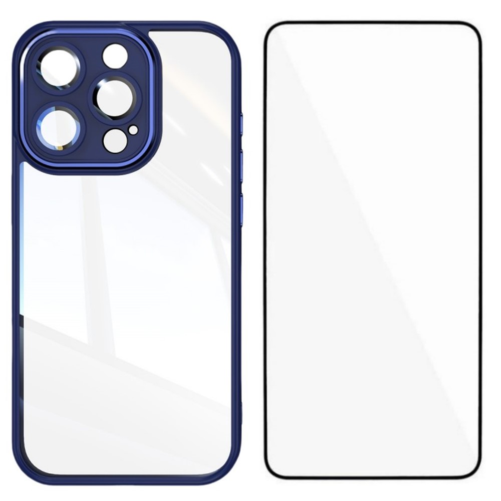 For iPhone 14 Pro TPU Case WANLONFENG Shockproof Clear Phone Cover with Tempered Glass Film - Blue