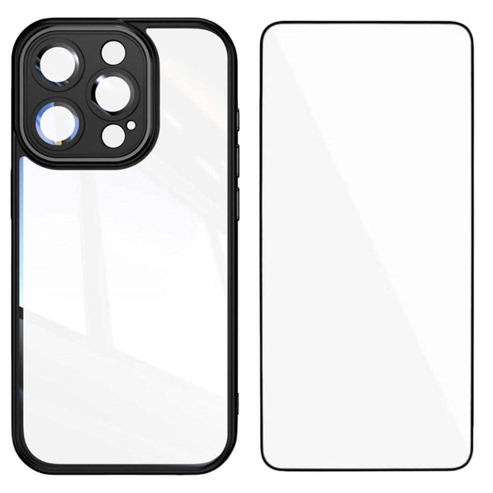 For iPhone 16 Pro TPU Case WANLONFENG Shockproof Clear Phone Cover with Tempered Glass Film - Black