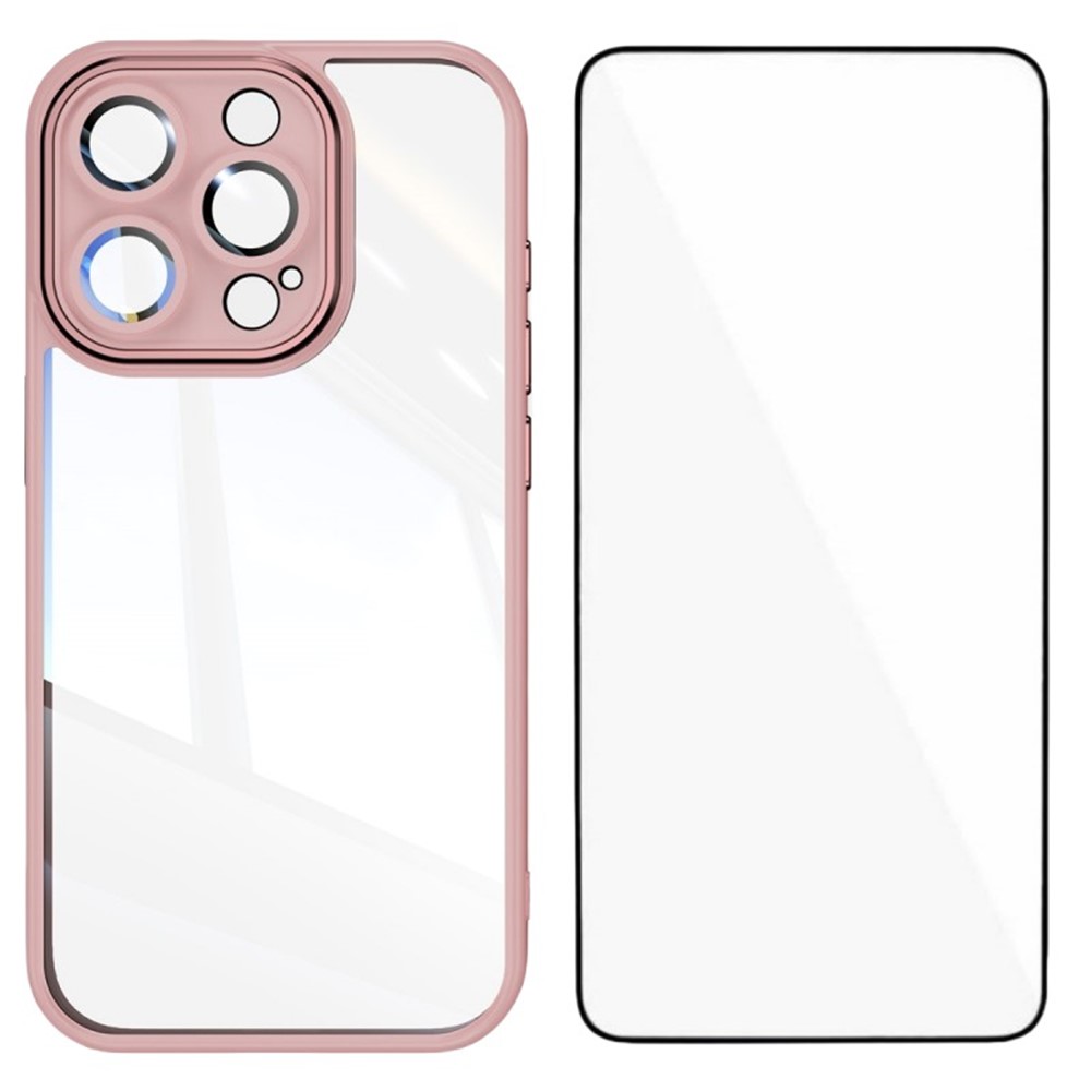 For iPhone 16 Pro TPU Case WANLONFENG Shockproof Clear Phone Cover with Tempered Glass Film - Pink