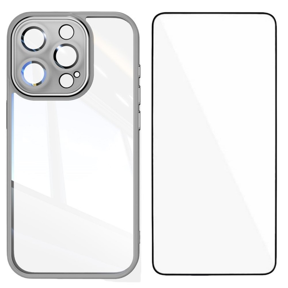 For iPhone 16 Pro TPU Case WANLONFENG Shockproof Clear Phone Cover with Tempered Glass Film - Grey