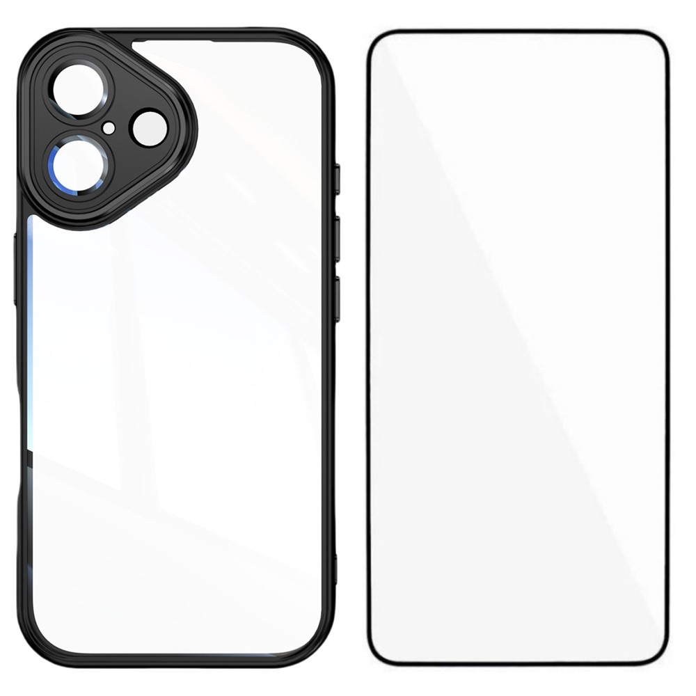 For iPhone 16 TPU Case WANLONFENG Shockproof Clear Phone Cover with Tempered Glass Film - Black