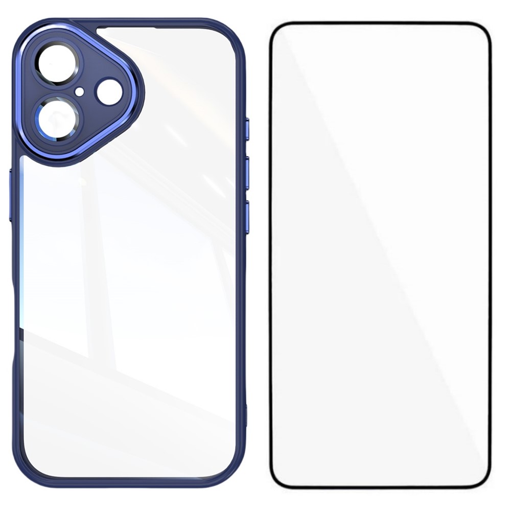 For iPhone 16 TPU Case WANLONFENG Shockproof Clear Phone Cover with Tempered Glass Film - Blue