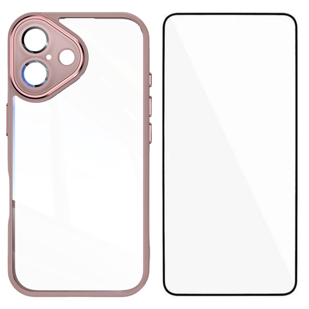 For iPhone 16 Plus TPU Case WANLONFENG Shockproof Clear Phone Cover with Tempered Glass Film - Pink