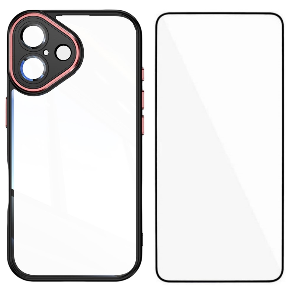 For iPhone 16 Plus TPU Case WANLONFENG Shockproof Clear Phone Cover with Tempered Glass Film - Black Red