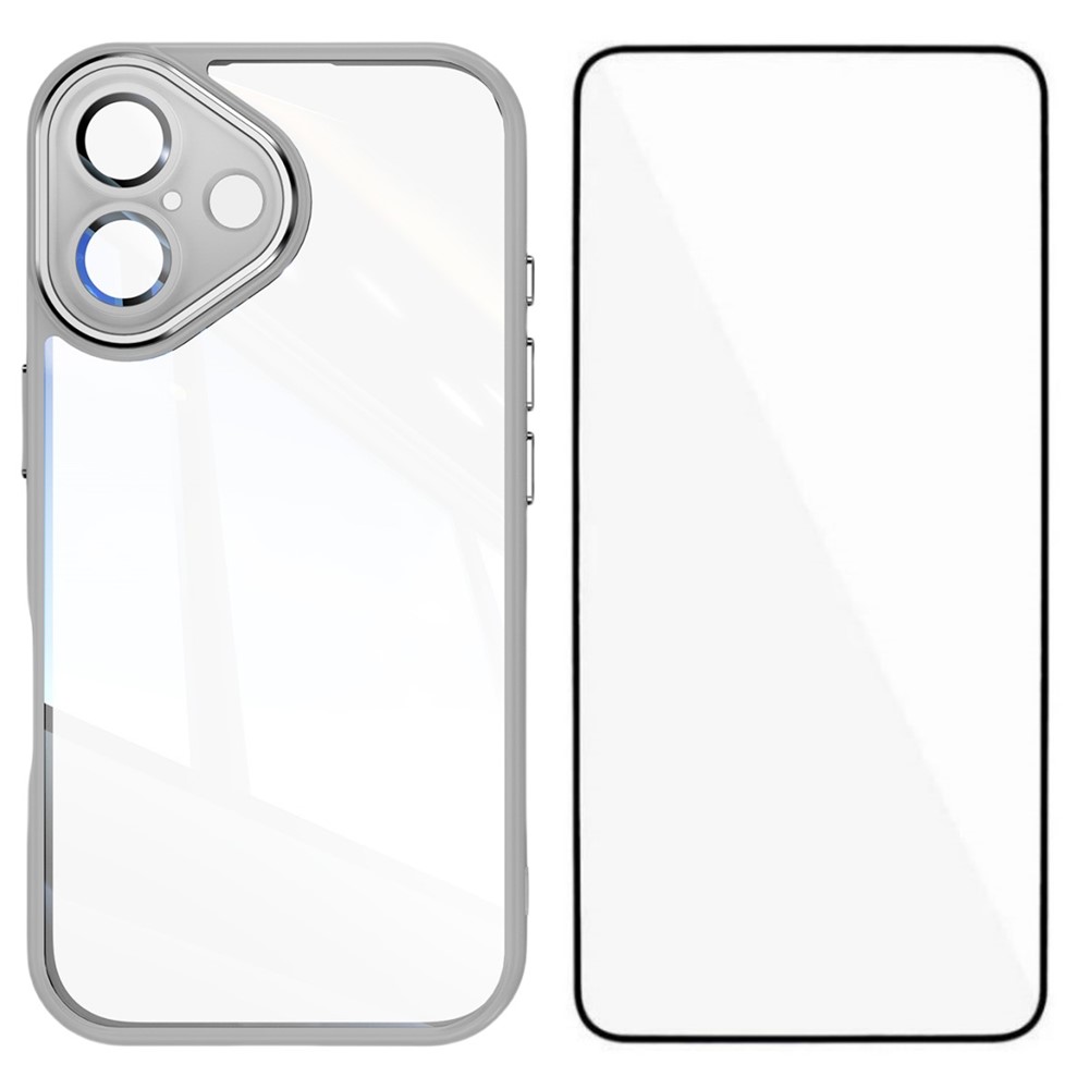 For iPhone 16 Plus TPU Case WANLONFENG Shockproof Clear Phone Cover with Tempered Glass Film - Grey