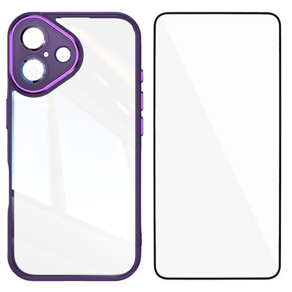 For iPhone 16 Plus TPU Case WANLONFENG Shockproof Clear Phone Cover with Tempered Glass Film - Dark Purple