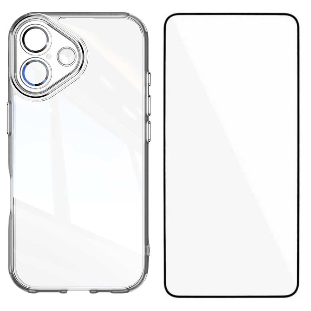 For iPhone 16 Plus TPU Case WANLONFENG Shockproof Clear Phone Cover with Tempered Glass Film - Transparent