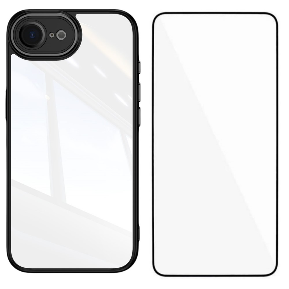 For iPhone 16e TPU Case WANLONFENG Shockproof Clear Phone Cover with Tempered Glass Film - Black