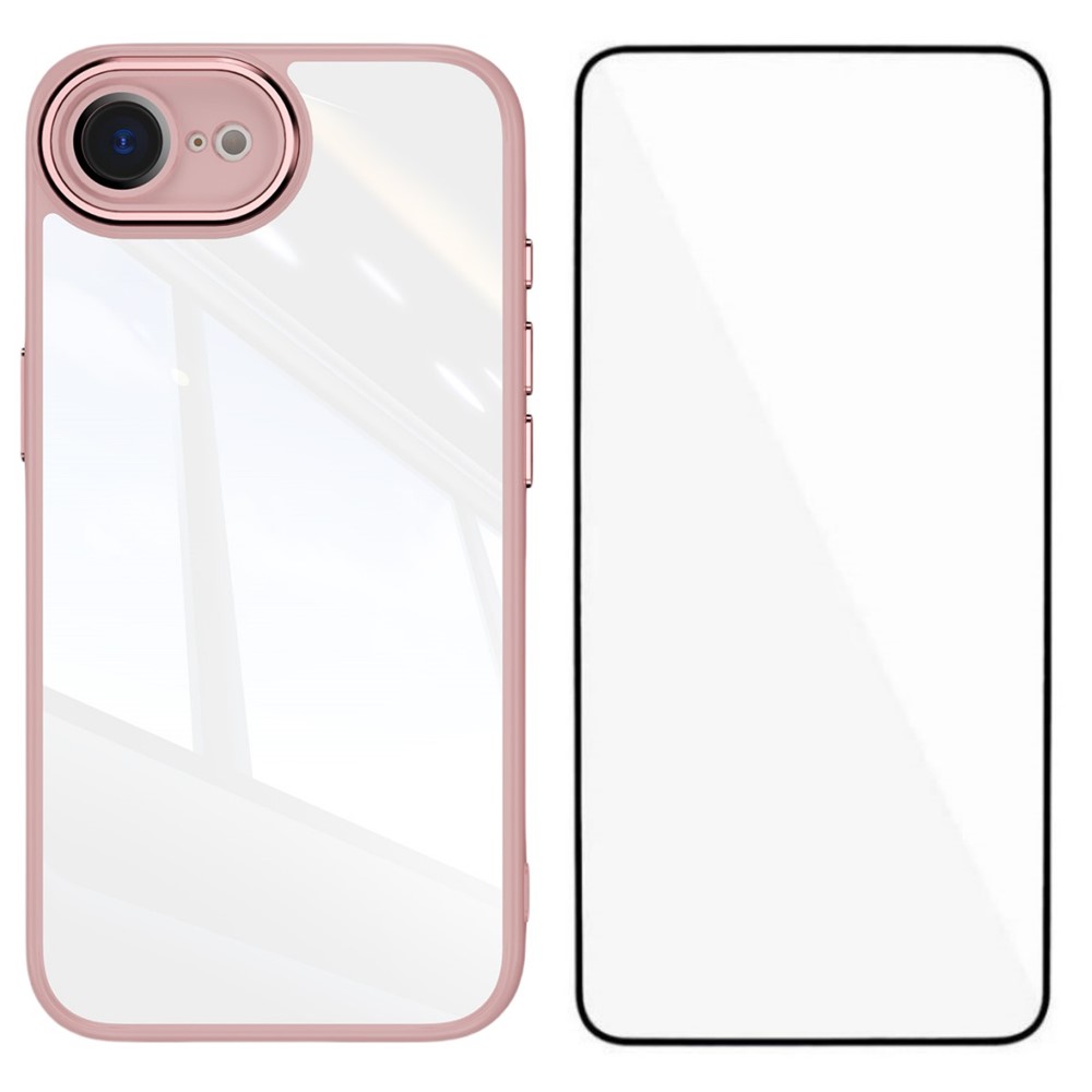 For iPhone 16e TPU Case WANLONFENG Shockproof Clear Phone Cover with Tempered Glass Film - Pink