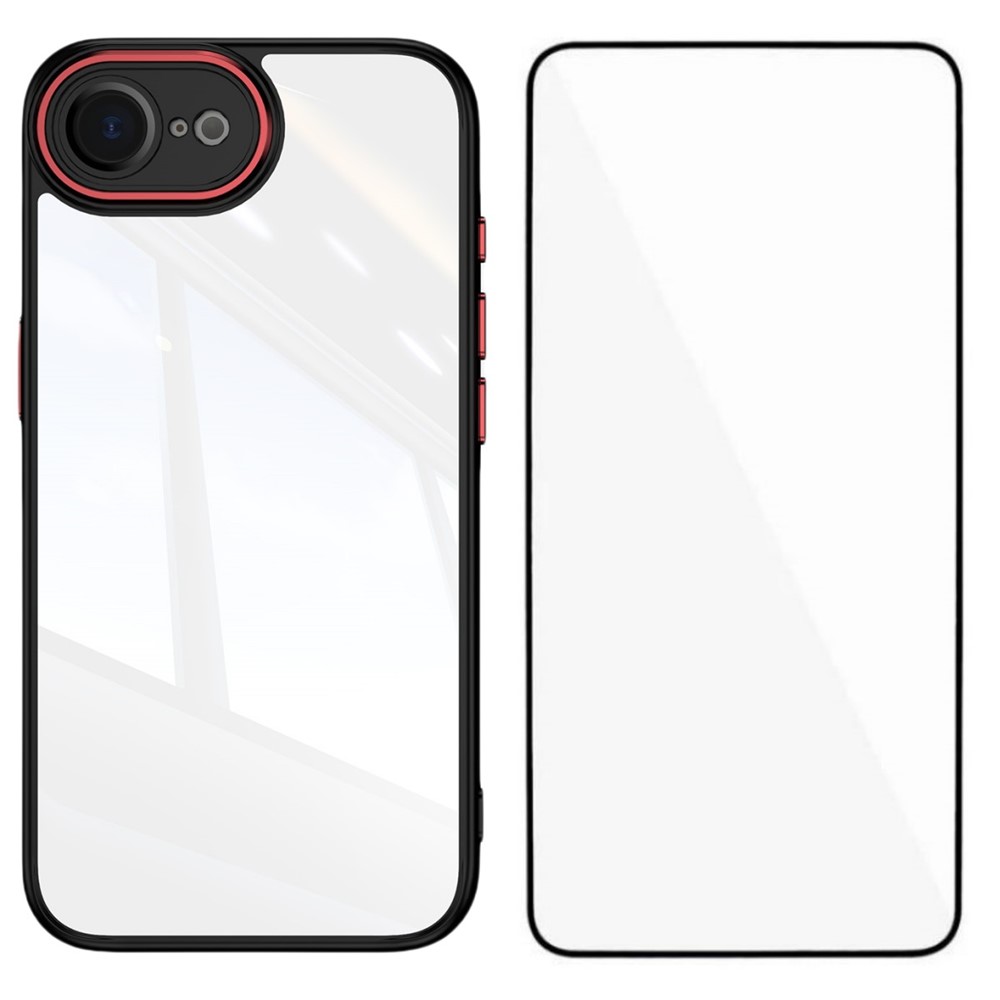 For iPhone 16e TPU Case WANLONFENG Shockproof Clear Phone Cover with Tempered Glass Film - Black Red