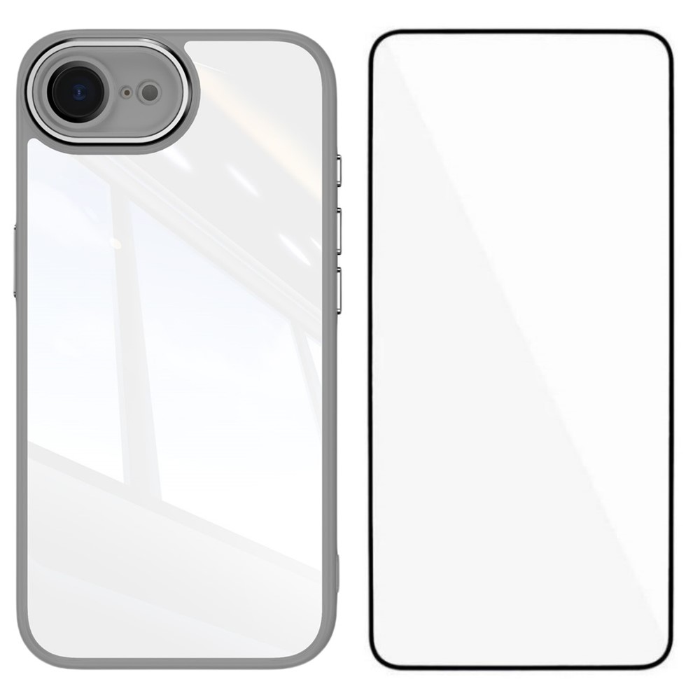 For iPhone 16e TPU Case WANLONFENG Shockproof Clear Phone Cover with Tempered Glass Film - Grey