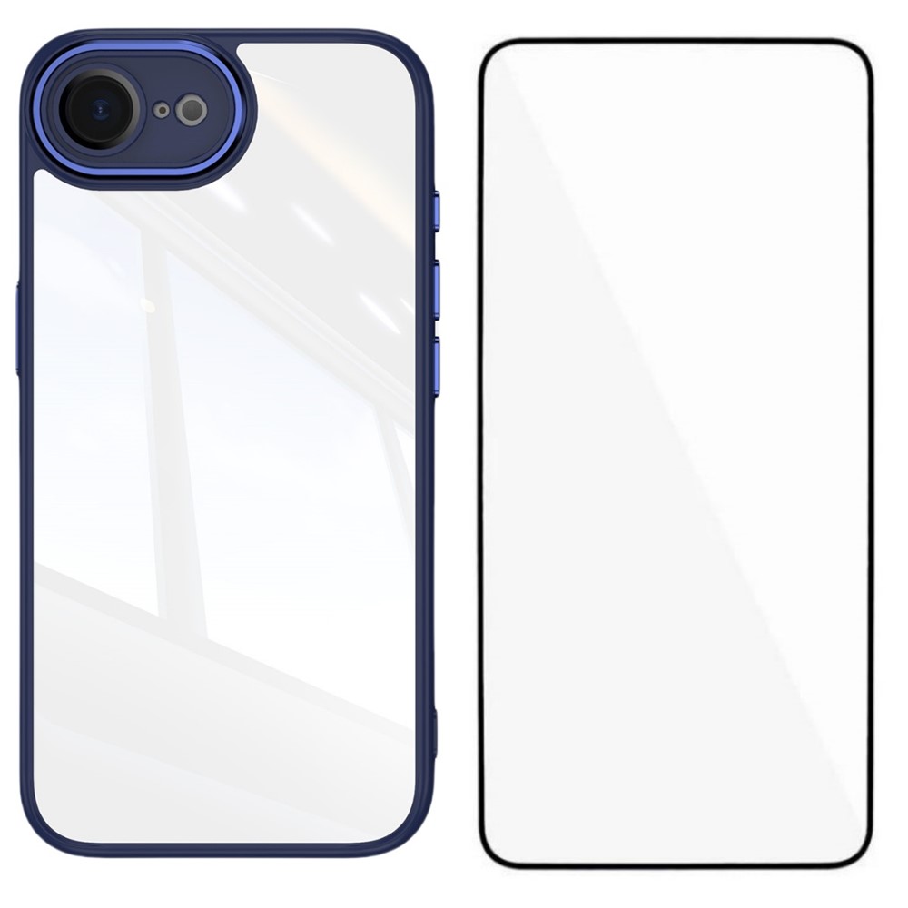 For iPhone 16e TPU Case WANLONFENG Shockproof Clear Phone Cover with Tempered Glass Film - Blue