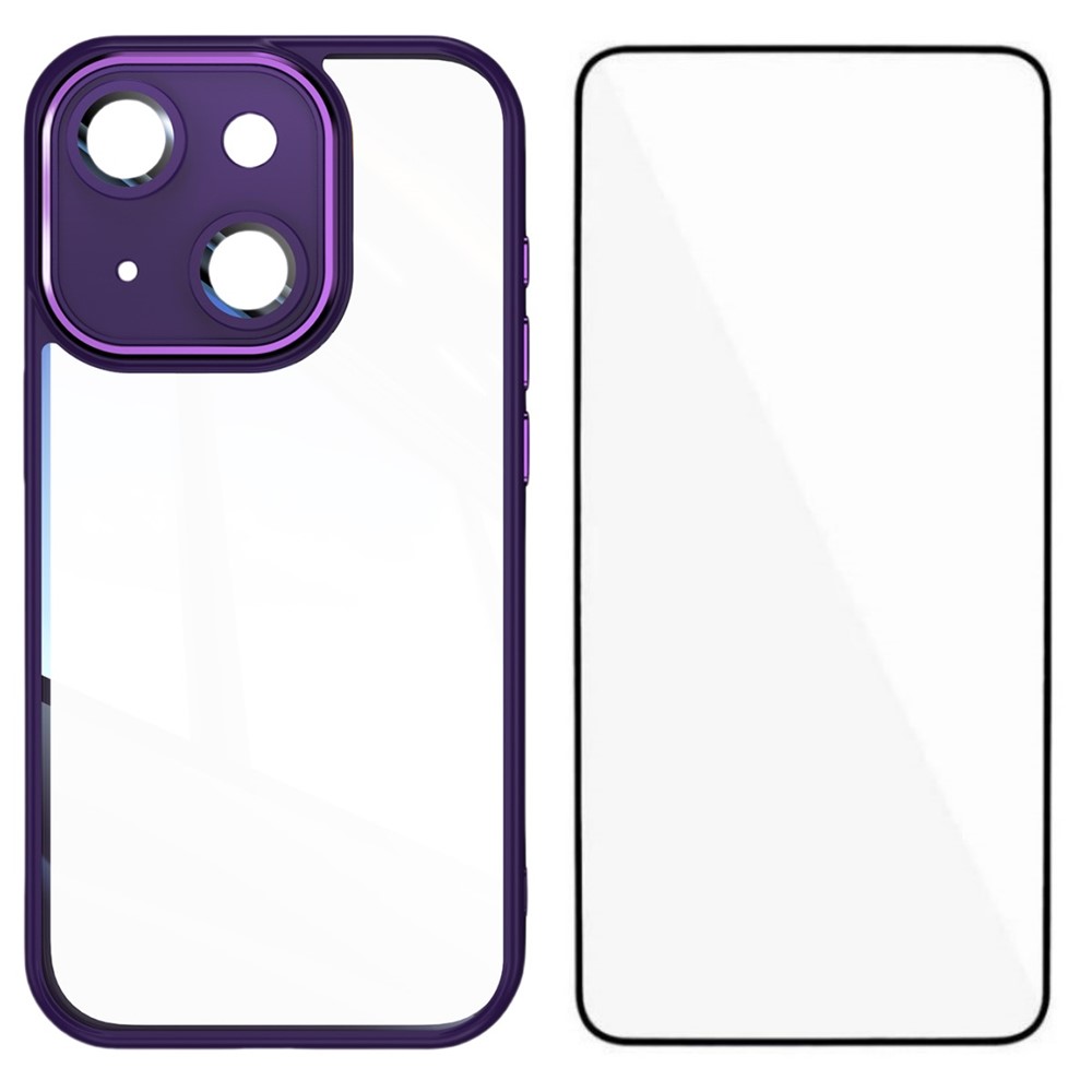 For iPhone 15 TPU Case WANLONFENG Shockproof Clear Phone Cover with Tempered Glass Film - Dark Purple