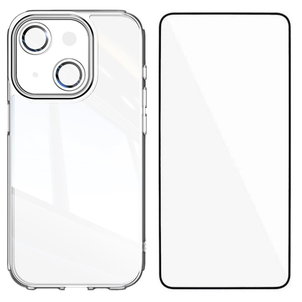 For iPhone 15 TPU Case WANLONFENG Shockproof Clear Phone Cover with Tempered Glass Film - Transparent