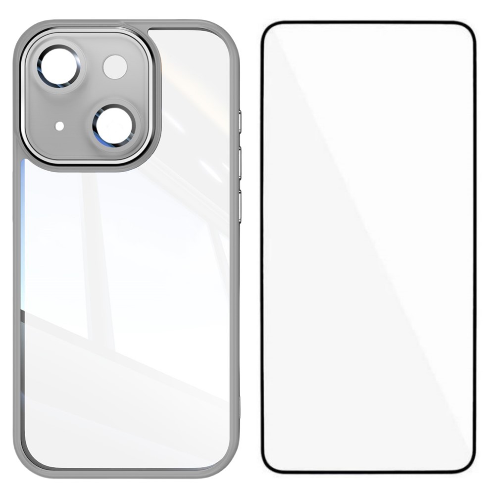 For iPhone 14 TPU Case WANLONFENG Shockproof Clear Phone Cover with Tempered Glass Film - Grey