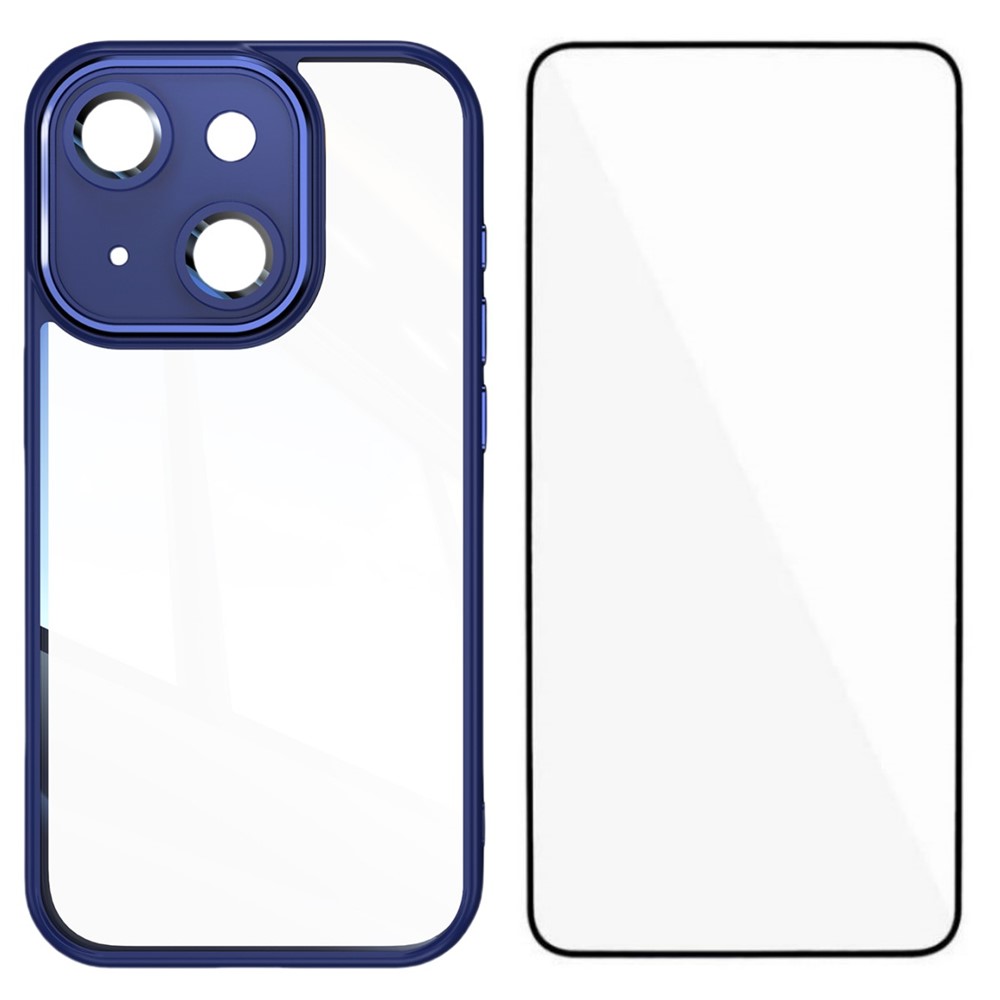 For iPhone 14 TPU Case WANLONFENG Shockproof Clear Phone Cover with Tempered Glass Film - Blue