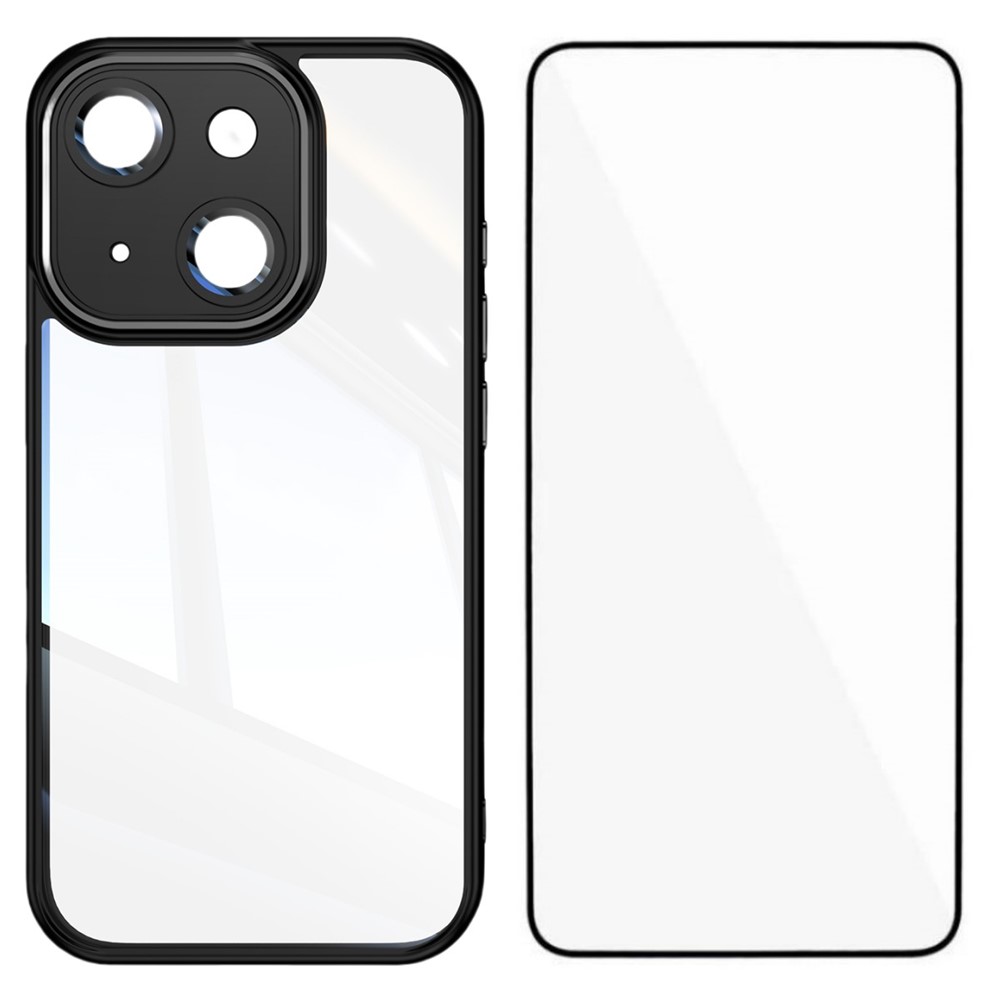 For iPhone 13 6.1 inch TPU Case WANLONFENG Shockproof Clear Phone Cover with Tempered Glass Film - Black