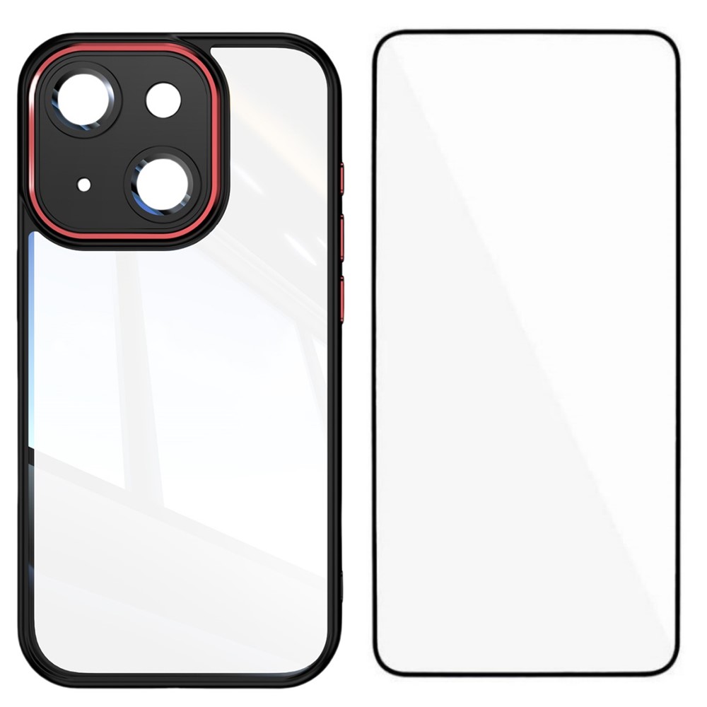 For iPhone 13 6.1 inch TPU Case WANLONFENG Shockproof Clear Phone Cover with Tempered Glass Film - Black Red