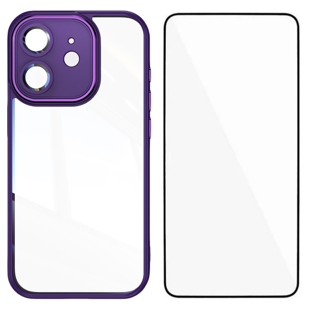 For iPhone 12 6.1 inch TPU Case WANLONFENG Shockproof Clear Phone Cover with Tempered Glass Film - Dark Purple