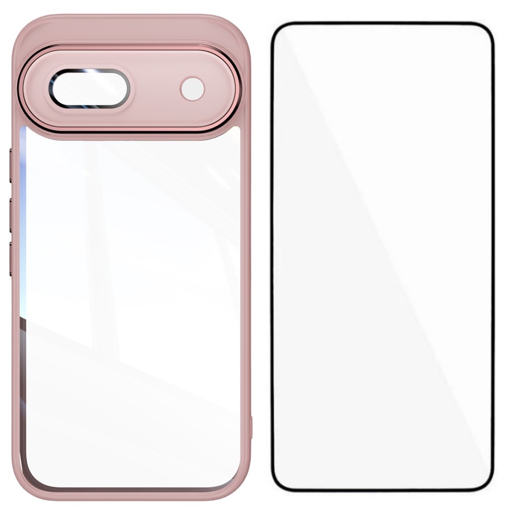 For Google Pixel 8a TPU Case WANLONFENG Shockproof Clear Phone Cover with Tempered Glass Film - Pink