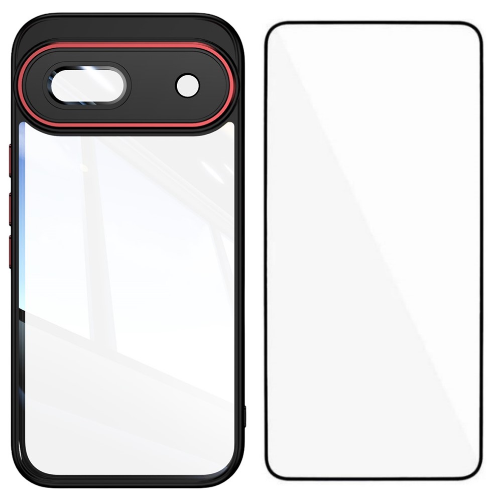 For Google Pixel 8a TPU Case WANLONFENG Shockproof Clear Phone Cover with Tempered Glass Film - Black Red