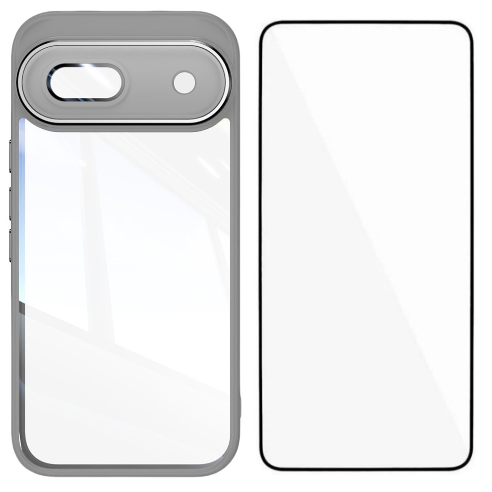 For Google Pixel 8a TPU Case WANLONFENG Shockproof Clear Phone Cover with Tempered Glass Film - Grey