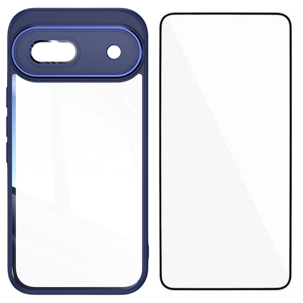 For Google Pixel 8a TPU Case WANLONFENG Shockproof Clear Phone Cover with Tempered Glass Film - Blue